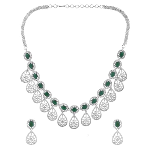 VOYLLA Sparkling Elegance Radiant Reverie American Diamond Necklace Set |Necklace Sets For Women| Short Necklace Set For Women|Wedding|Party|Gift For Women|American Diamond|Cz Necklace Sets|
