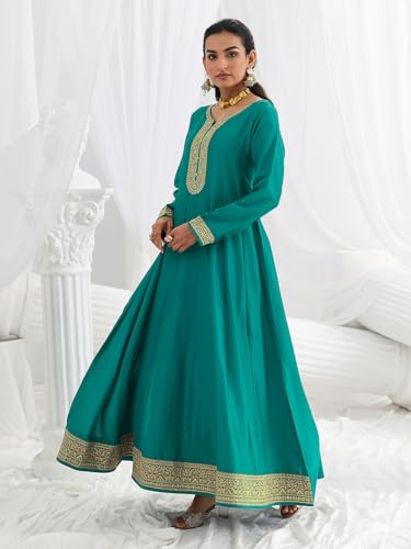 Libas Embroidered Silk Blend A-Line Ethnic Dress with Dupatta-93606XL Green