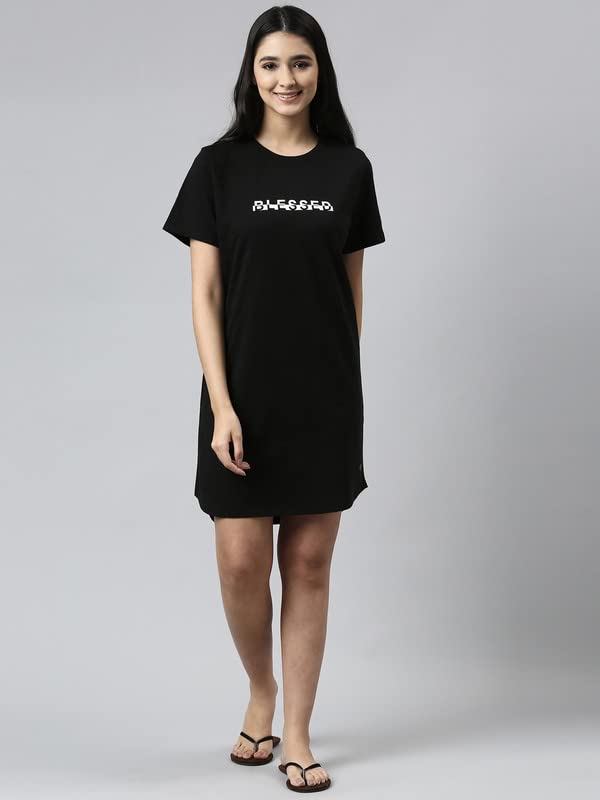 Enamor Essentials Short Sleeve Round Neck Relaxed Fit Cotton Mini Lounge Dress for Womens-E802 (E802_Jet Black/Blessed Graphic_XL)