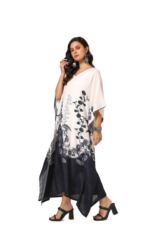 Soch Womens Off White Muslin Blend Floral Kaftan with Beads