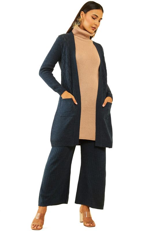 Soch Womens Navy Blue Acrylic Pointelle Knit Open-Front Longline Shrug with Pockets