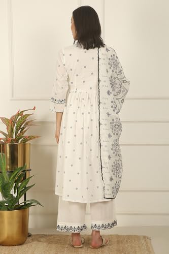 W for Woman White Printed Thread Embroidered Chanderi Kurta, Pants and Kota Dupatta (Size: S)-WS12713-125553