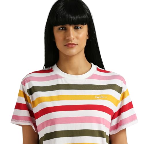 Pepe Jeans Women's Striped Relaxed Fit T-Shirt (PL505908_RED_Multi