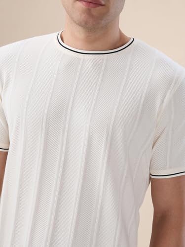 Status Quo Men's Textured Half Sleeves Round Neck Regular Fit T-Shirt with Tipping Details | 52% Cotton 48% Polyester | Off White | M