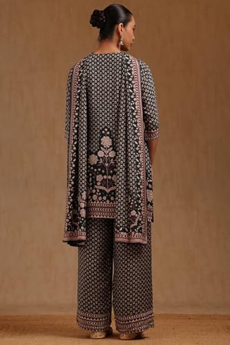 Soch Womens Green Muslin Floral Print Suit Set With Zari