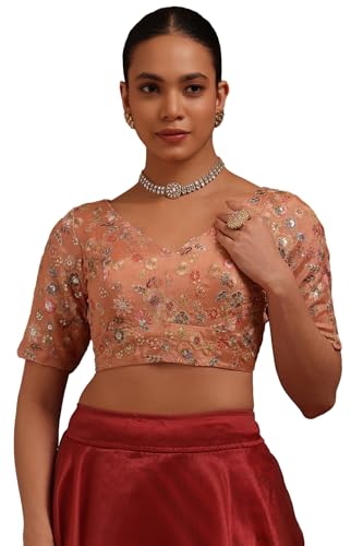 Soch Womens Peach Georgette Embroidered Padded Blouse with Sequins