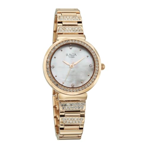 Titan Raga Spotlight 2.0 Quartz Analog 3Hands Display White Mother of Pearl Dial Rose Gold Color Strap Watch for Women - 95419WM01