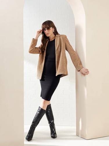 Latin Quarters Women's Brown Full Sleeves Spread Collar Self Design Casual Hip Length Blazer_L