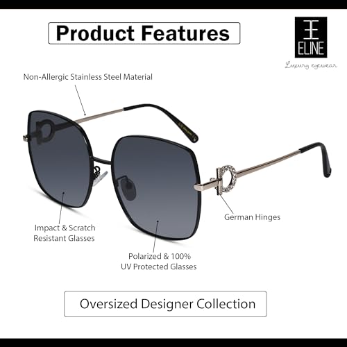 ELINE Square Sunglasses For Women | Polarized & 100% UV Protected Glasses | Scratch Resistant glasses | Branded Stylish designer | Black | 1535