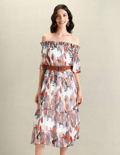 U.S. POLO ASSN. Women's Polyester A-Line Midi Casual Dress (UWSS24DRS132_White, Grey and Red