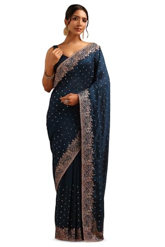 Soch Womens Blue Tussar Embellished Saree With Stone Work