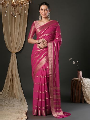 AKHILAM Women's Pink Pure Georgette Ethnic Motif Printed Saree With Unstitched Blouse Piece (KUSUM4001_NSM)