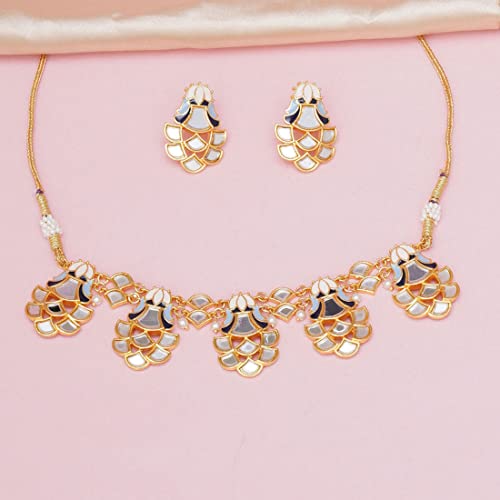 VOYLLA Festive Hues Mirror Work Enamelled Brass Gold Plated Choker Jewellery Set