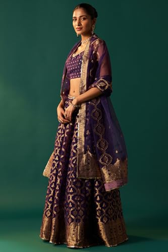 Wishful Women's Purple Zari Embroidered Jacquard Blouse with Flared Skirt and Dupatta Set (SP13158-314521-L)