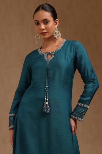 Soch Womens Teal Blue Dola Silk Solid Kurta