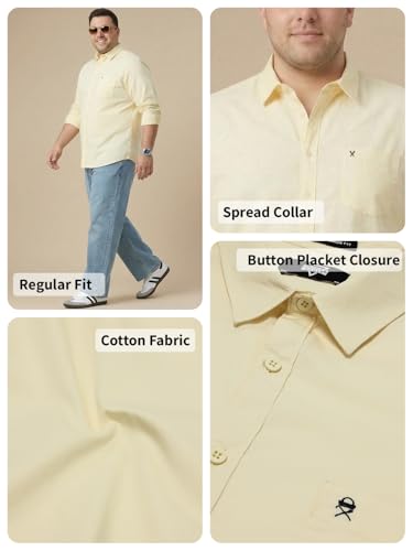 Thomas Scott Men’s Regular Fit Solid Casual Shirt | 100% Cotton | Long Sleeve Spread Collar Shirt for Men (TS1075_Yellow_4XL)
