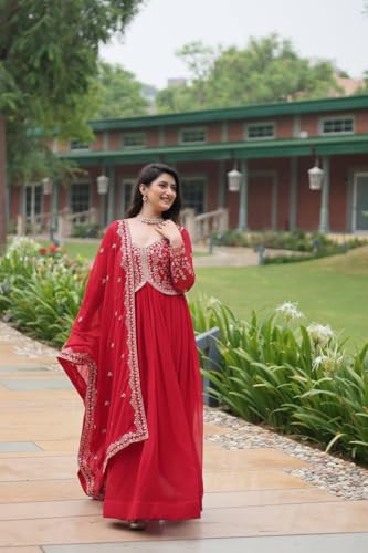 Designer Red Anarkali Gown, Embroidered Georgette Floor Length Dress with Dupatta, Traditional Indian (in, Alpha, M, Regular)