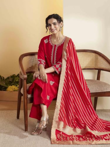 BIBA Poly Viscose Solid Straight Festive Kurta With Palazzo And Dupatta
