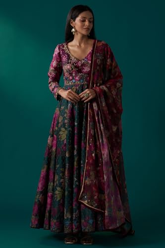 Wishful Women's Green Floral Printed Sequined Yoke Festive Anarkali Dress with Churidar and Dupatta Set (SP12848-126754-XL)