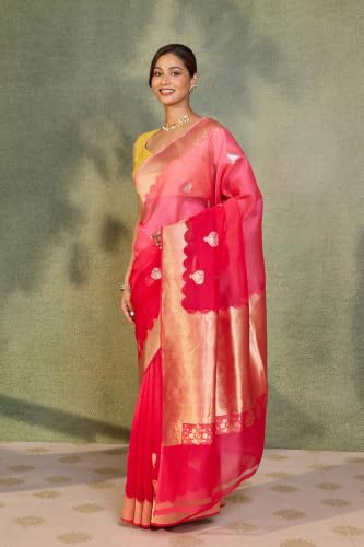 Taneira Pink Pure Silk Organza Kadwa Banarasi SareeWith Unstitched Blouse(SAIH01AD6178-Pink)