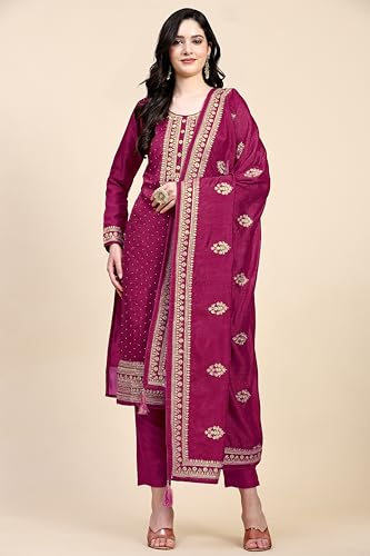 TRENDMALLS Women's Vichitra Silk Embroidery Salwar Suit Set Kurta Pant with Dupatta (G142-Pink-XL)