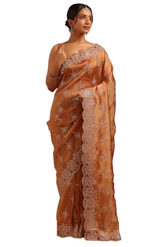 Soch Womens Peach Tissue Ethnic Motifs Saree With Stone Work
