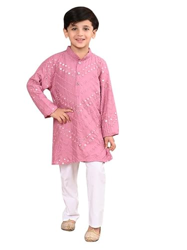 superminis Boy's Rayon Kurta with Mirror Embroidery and Pyjama with Elastic Closure (8-9 Years, Pink)