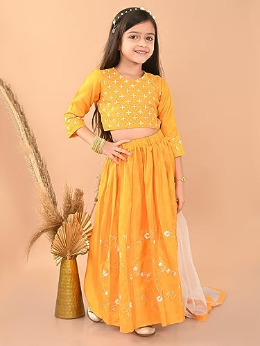 LILPICKS Embroidered Flared Lehenga Choli Set with Dupatta for Girls (Yellow) (4-5Y)