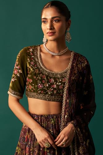 Wishful Women's Green Embroidered Velvet Blouse with Floral Printed Skirt and Dupatta Set (SP12875-223812-XL)