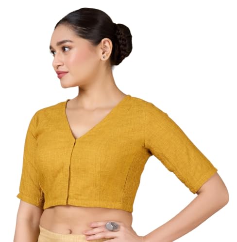 Studio Shringaar Women's Madras Handloom Cotton Side Stretchable (Smocked) Readymade Saree Blouse (Yellow, 46)