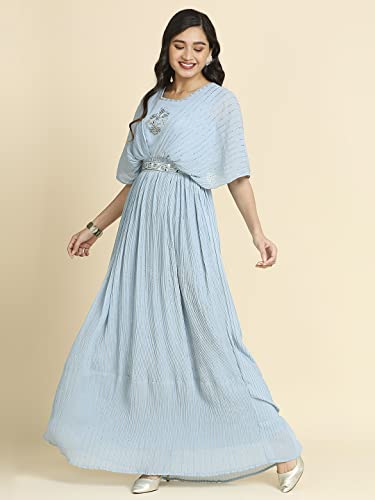 madhuram Women's Long Gown for Solid Georgette with Heavy Embroidery and Hand Work with Belt(2408) (in, Alpha, 4XL, Regular, 1) Sky Blue