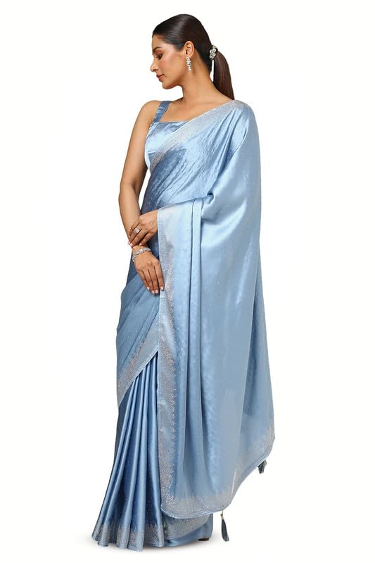 Soch Womens Powder Blue Satin Embellished Saree With Stone Work