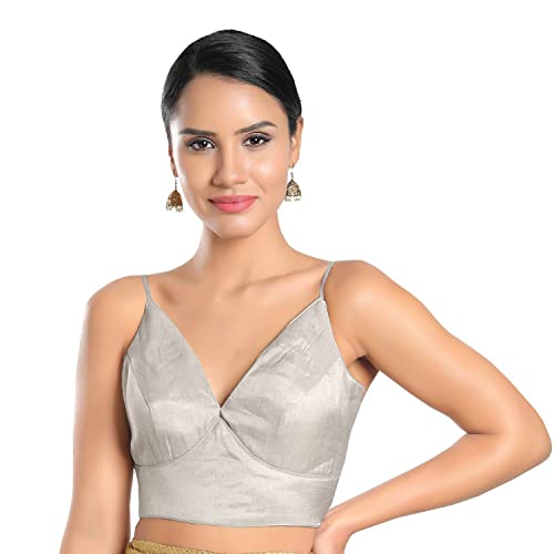 SALWAR STUDIO S Women's Silver Tissue Readymade Saree Blouse-SSB4308-SLVR