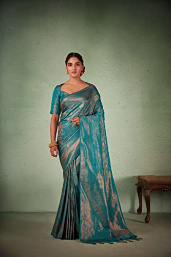 Vardha Women's Kanchipuram Art Silk Saree with Unstitched Blouse Piece - Copper Zari Woven Work Sarees for Wedding (Anvaya_548)