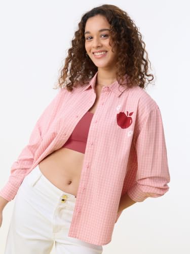 The Souled Store Disney: Enchanted Women Full Length Spread Collar Light Pink Checked Graphic Printed Cotton Oversized Back Graphic Print Lightweight Everyday Shirt for Casual Wear