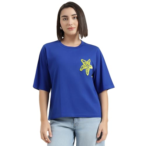 United Colors of Benetton Round Neck Solid T-Shirt (Size : L) - 26P3J68U1010I19R Blue
