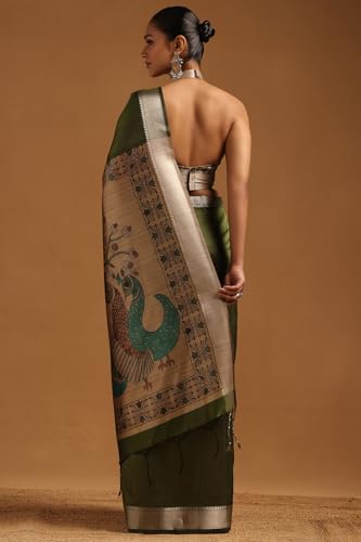 Soch Womens Green Tussar Kalamkari Printed Saree