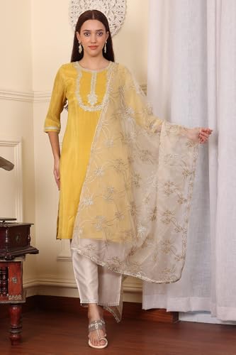 W for Woman Women's White Gota Embroidered Organza Dupatta, Free Size, Yellow