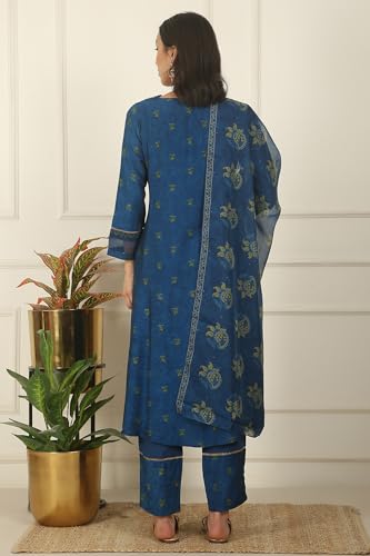 W for Woman Blue Floral Printed Embroidered Flared Kurta, Pants and Dupatta Set (Size: XL)-WS12127-124234