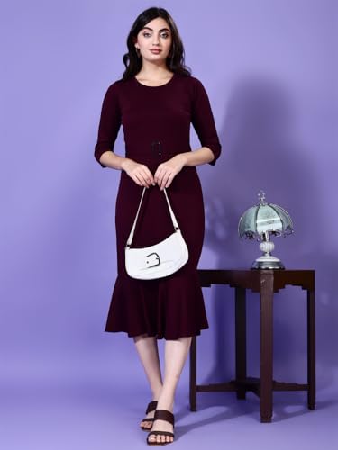 Attire Empire Women Solid Drop-Waist Midi Dress Maroon