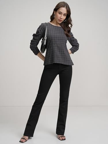 Tokyo Talkies Women's Checked Pure Cotton Styled Back Top | Boat Neck & 3/4 Sleeves | Comfortable & Stylish | Perfect for Casual Days | Tops for Woman | Women Tops | Stylish Top