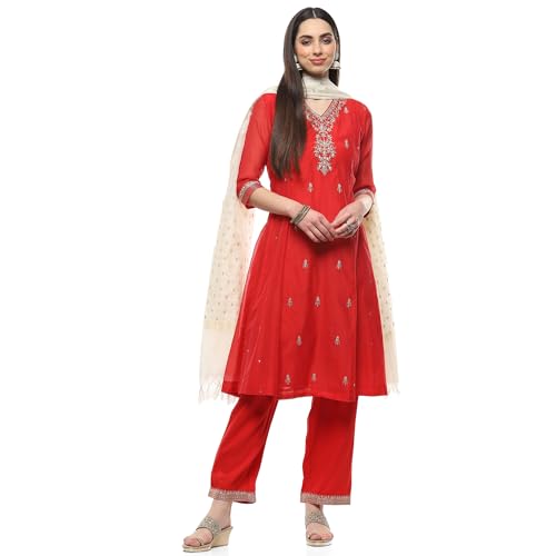 BIBA Women EMBROIDERY KALIDAR SALWAR KURTA DUPATTA(SKDJEWELLED CHARM8990_RED_32)