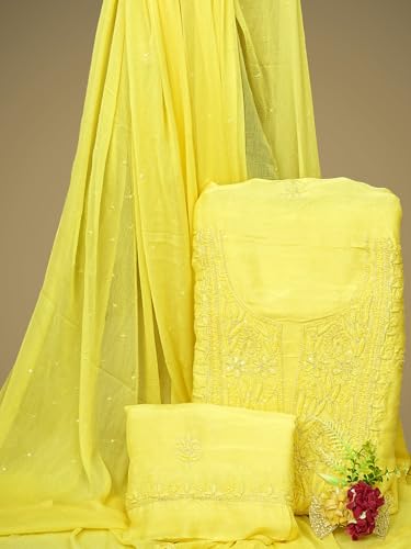 Ada Hand Embroidered Lucknowi Chikankari Unstitched Muslin Dress Material Suit Piece with Dupatta for Women with Zari Work 01A795829 Lemon