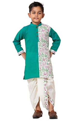PEKABU Kids Ethnic Wear – Stylish Half Printed & Vibrant Color Pure Cotton Kurta with Elastic Waist Dhoti Set for Boys (Green, 12-18 Months)