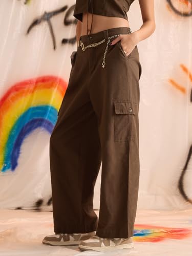 The Souled Store Cotton Linen Pants: Dark Brown Women and Girls Buttoned Solid Cotton Linen Blend Straight Fit Casual Cargo Pants