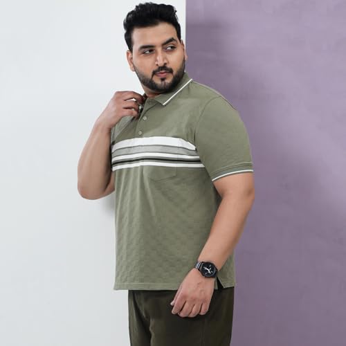 JOHN PRIDE Plus Size Men Regular Fit Striped Green Stretchable Polo Collar T-Shirt (JPTSC32430_10XL_Green)