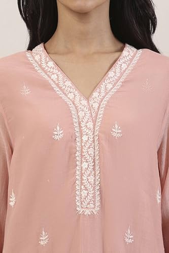BIBA Women Peach Silk Chanderi Straight Suit Set_42
