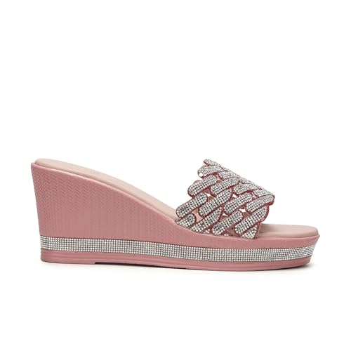 Marc Loire Women Embellished Wedge Heels | Stylish Slip-On Fashion Sandals with Comfortable Sole | Party Footwear (Rose Gold, UK Footwear Size System, Adult, Women, Numeric, Medium, 7)