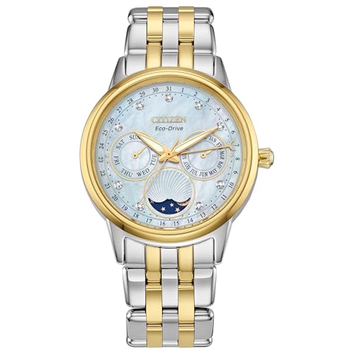 Citizen Women's Eco-Drive Calendrier, Moon Phase Diamond Accents Dial, Stainless Case and Bracelet Watch, Month/Day/Date, Two-tone/Blue, 37, Classic