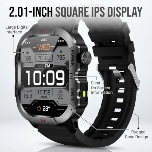 Drumstone Smart Watch for Men and Women, 2.01 Inch Square IPS Display, Bluetooth Calling, Fitness Tracker, IP68 Water Resistant Digital Smartwatch with Black Sports Band